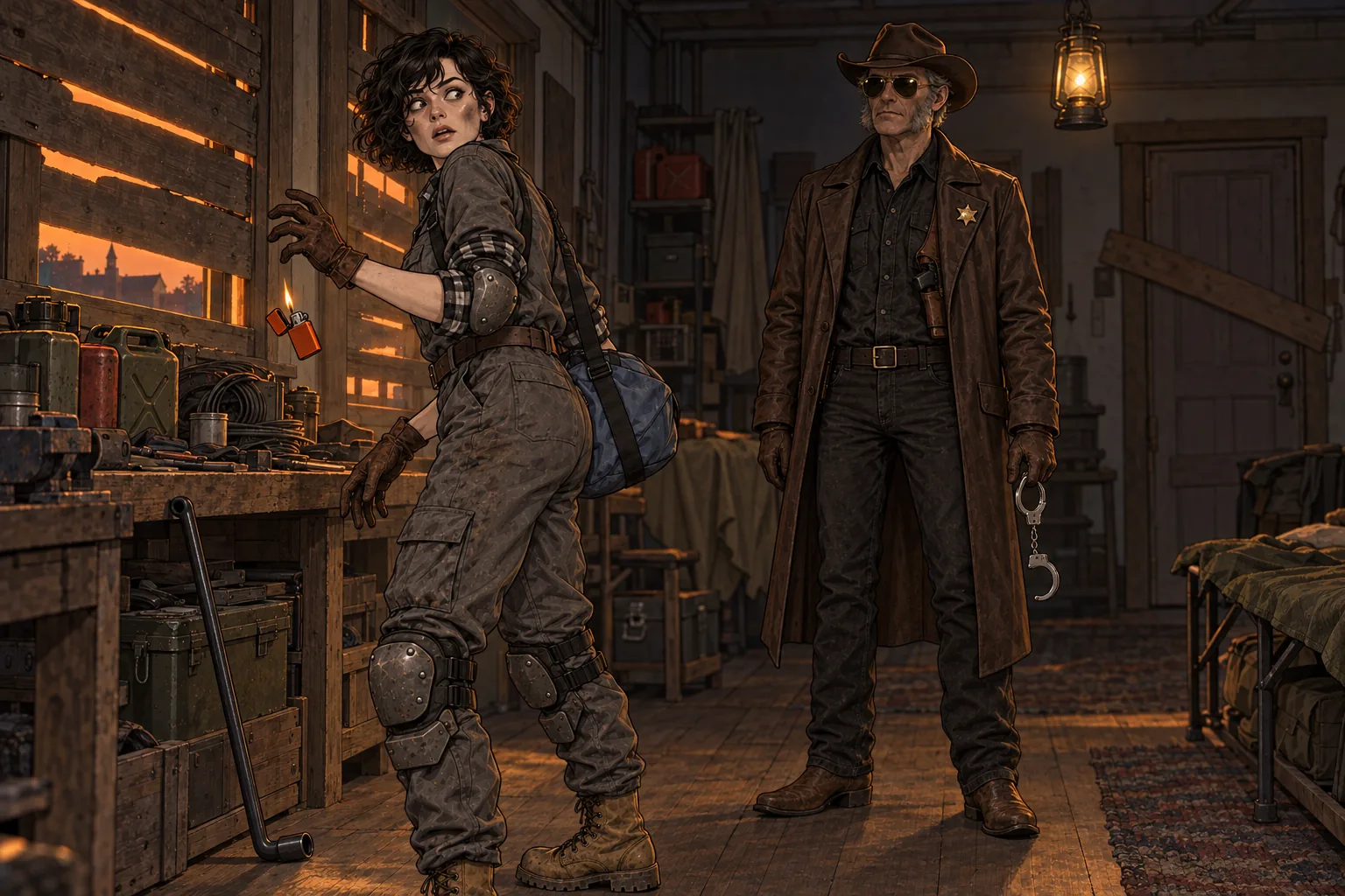 Dusk in a cluttered survivor base with boarded windows: a woman in a grey boilersuit, knee pads and a blue duffel spins round from the window in shock, an orange flip lighter falling from her hand, while behind her a weathered man in a cowboy hat, aviators and a long brown leather coat with a gold star stands calmly holding open handcuffs, the barricaded door behind him untouched.