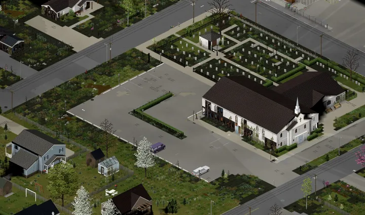 A game screenshot from above of a white clapboard church with a steeple and a long wing, the wall facing its car park scorched black in tall streaks, a fenced graveyard of white headstones with a small chapel behind it, and an empty car park with a purple van and a white sedan.