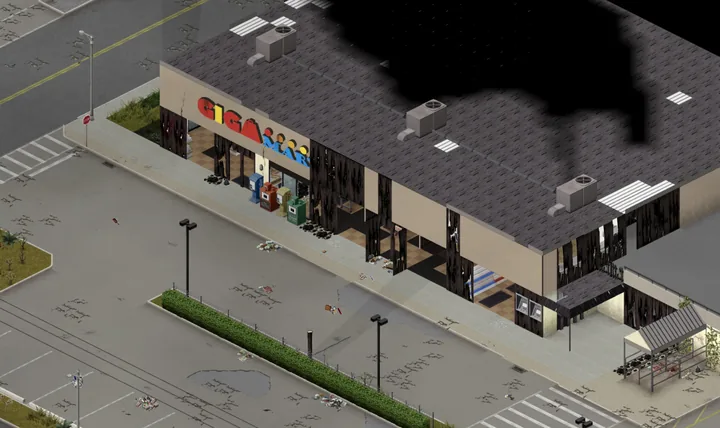 A game screenshot from above of the GigaMart supermarket, its long frontage charred black between the windows, a dark smoke stain across the flat roof, newspaper boxes by the doors and an empty car park in front.