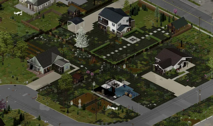 A game screenshot from above of a suburban block: a two-storey white house, a sage-green bungalow, a white bungalow and a timber garage with their walls streaked black, the lawns burned dark in patches, and one house in front with no walls left, only its floor and furniture open to the sky.