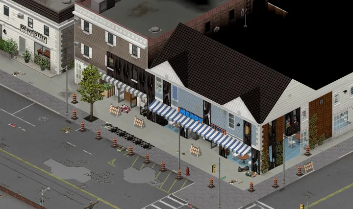 A game screenshot from above of a main-street corner: a dentist's office, a brown three-storey shop and the blue-sided Mendy's Eatery under a striped blue awning, its front and corner walls charred black, with orange roadwork barrels and striped barriers along the pavement.