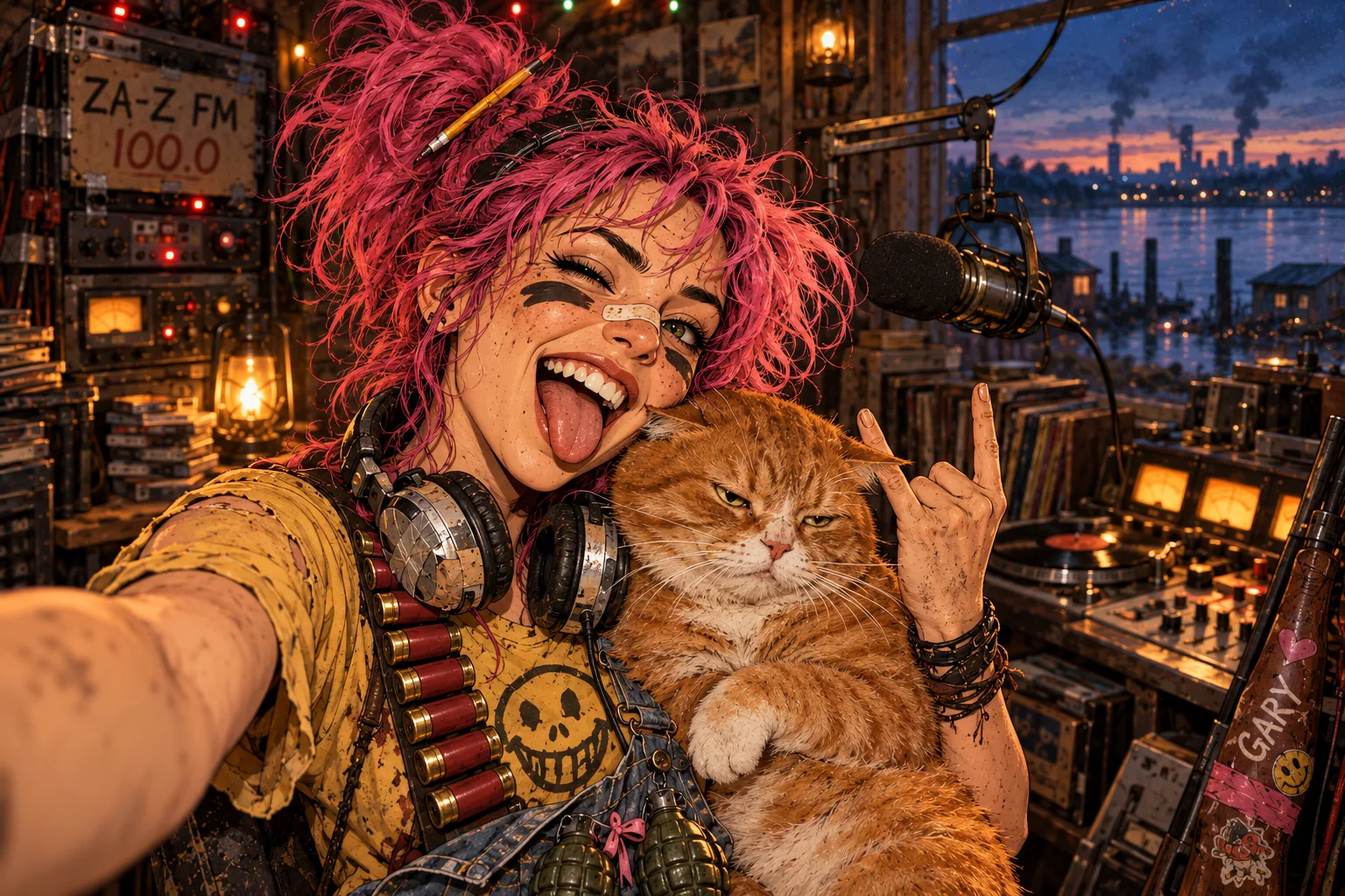 An arm's-length flash selfie in a cluttered pirate radio studio at dusk: a freckled young woman with wild pink hair, a pencil stuck in it, black war-paint stripes under her eyes and a plaster across her nose winks and sticks her tongue out, throwing devil horns, taped headphones round her neck, a bandolier of red shotgun shells over a yellow smiley-skull T-shirt and two grenades with a pink bow on her dungarees; she squashes a fat, deeply unimpressed ginger cat against her cheek. Behind them a ZA-Z FM 100.0 sign on a transmitter rack, a broadcast microphone, glowing meters and turntables, a shotgun with GARY painted on its pink-taped stock, and a window over the river and a smoking city skyline.